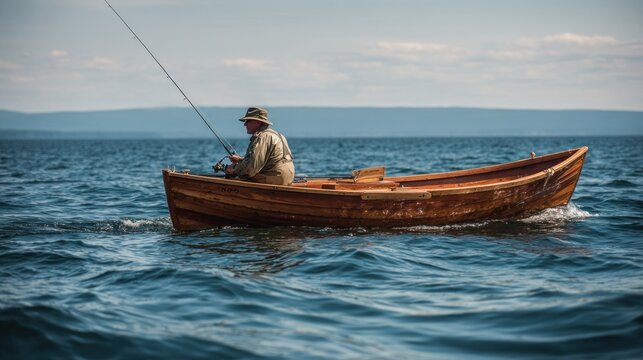 Wooden skiff with fisherman drifts gently over calm waters, showcasing serene outdoor fishing experience and natural beauty of the landscape