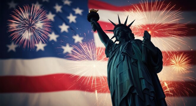Statue of liberty with fireworks display and american flag background patriotic fourth of july celebration