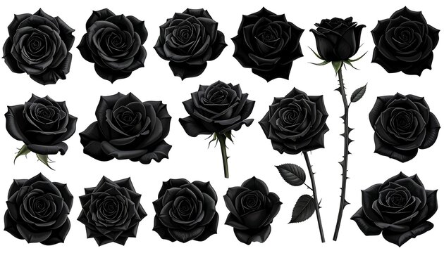 A collection of thirteen matte black roses on white