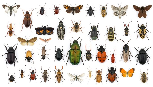A collection of thirty-one various insects on a white background