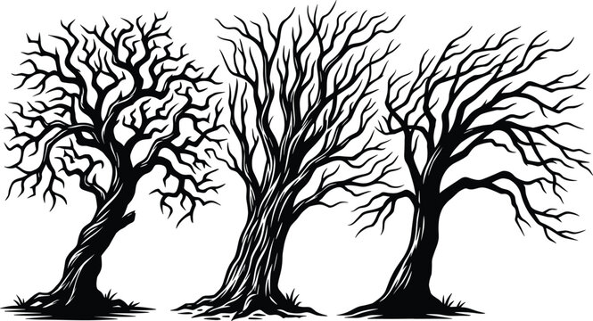 Spooky Dead Trees Silhouette Vector Set with Bare Twisted Branches for Halloween Backgrounds Horror Forest Designs and Creepy Landscapes Isolated on White