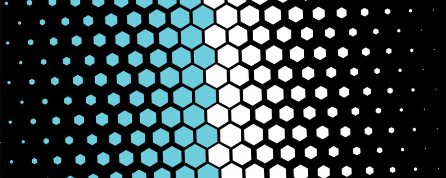 Geometric pattern of blue and white hexagons on black background