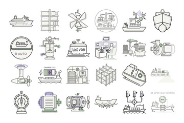 Fototapeta premium Autonomous Electric Cargo Ship Icons or Vector Illustration of Smart Cargo Transport