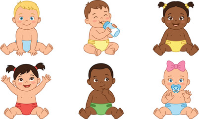 Naklejka premium Cute Multicultural Baby Character Set Vector Illustration with Happy Infants in Diapers Drinking Milk Sitting Smiling and Waving Isolated on White Background