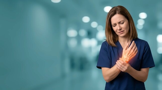 Female nurse in blue scrubs suffering from wrist pain with glowing x-ray bone visualization in hospital corridor. Arthritis or carpal tunnel concept with copy space.