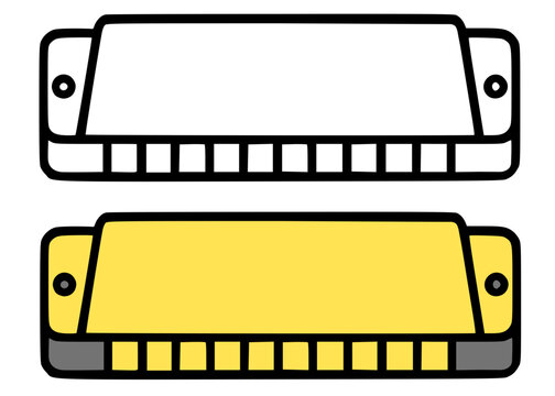 Harmonica minimalist icon, in line art and colored style, for coloring page