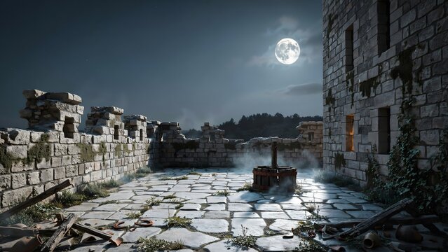 Illuminated ancient stone fortress courtyard under full moon with mist and night sky