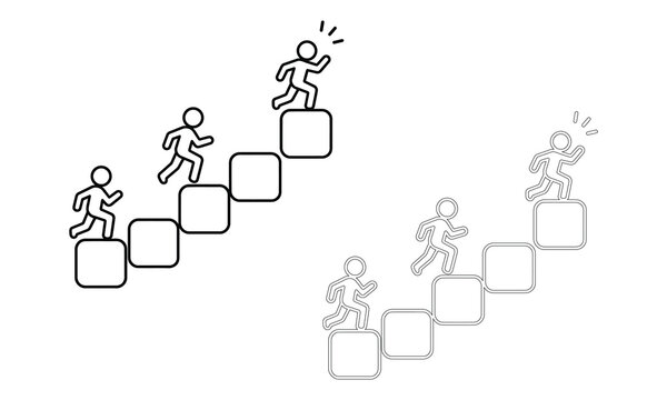 Business Growth Motivation Black Line Art With Stick Figures Climbing Steps