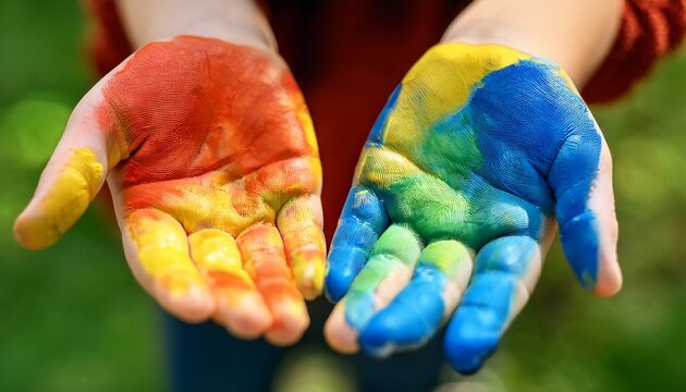 two small hands covered in bright blue yellow red and green paint palms open in joyful playful messy creativity outdoors