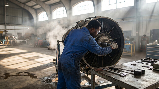 Aircraft Engineer Inspecting Turbine in Sunlit Hangar
