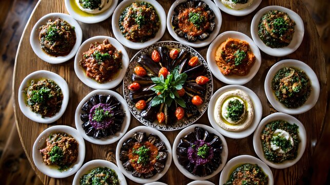 A top-down composition of multiple mezze plates arranged in a circular pattern with eggplant dishes as the centerpiece