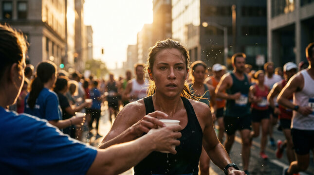 Marathon Runner Hydrating During City Race