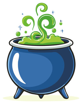 Witch's cauldron bubbles with green potion and magic sparkles in cartoon style