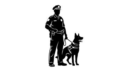Naklejka premium Police Officer with K9 Dog Black Silhouette Vector Illustration