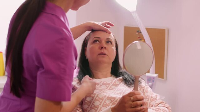 Treatment consultation. Aesthetic cosmetology. Professional woman doctor checking client face skin before plastic surgery in modern clinic.