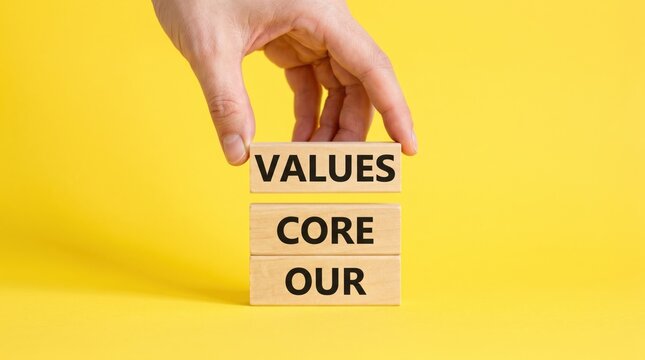 Hand holding wooden blocks with core values text on yellow background