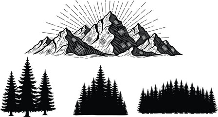 Mountain and forest landscape silhouettes, nature and adventure concept, wilderness and outdoor design, scenic travel theme, black and white flat vector illustration © MD Tariful islam