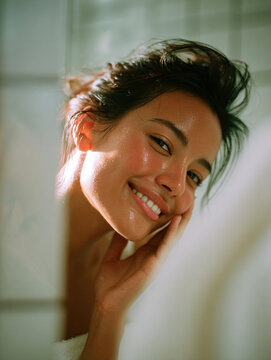 Smiling tan  woman gently touching her face, radiant skin and joyful. soft lighting her natural beauty, creating warm and