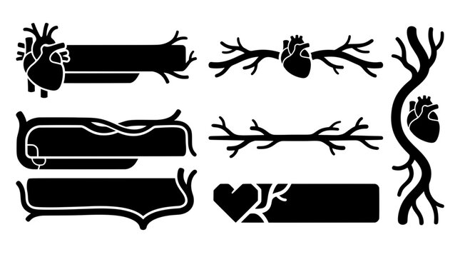 Collection of black anatomical heart silhouettes, vein borders, and medical text banners. Ideal for biology, cardiology, and gothic graphic designs