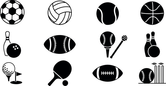 Silhouette of various sports equipment and balls