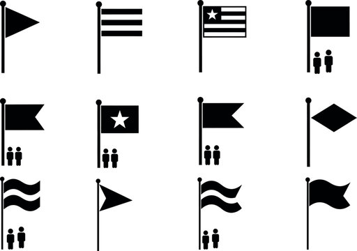 Silhouette of various flags on poles with people silhouette