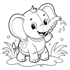 Obraz premium Cute baby elephant spraying water line art coloring page with elephant, coloring