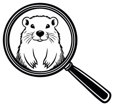 Groundhog in Magnifying Glass Black and White Cartoon Animal Illustration