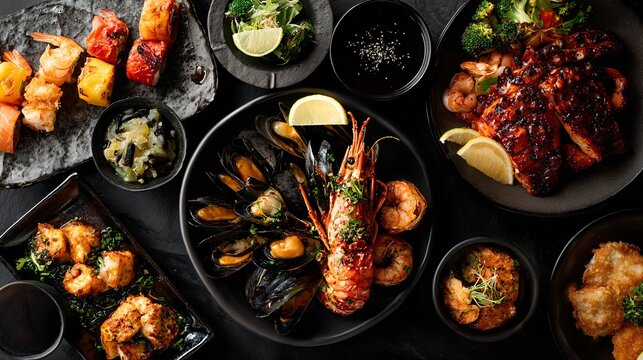 A dark editorial flat lay with seafood dishes clustered in one corner of a black background with strong negative space