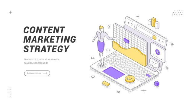 Content marketing strategy isometric banner template. Vector illustration for digital analytics and SMM. A concept for data analysis, online promotion, and business planning using a laptop