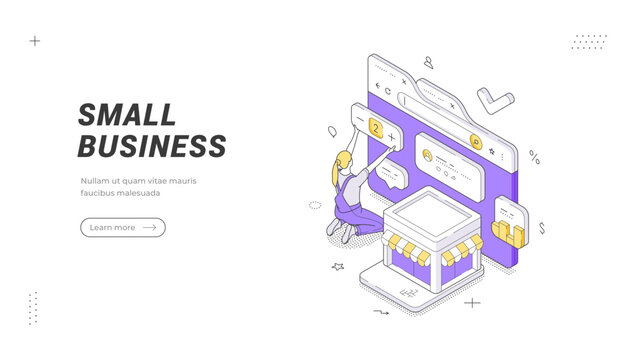 Small business isometric banner template. Vector illustration for online store development and e-commerce. Concept for website management, customer interaction, and digital marketplace growth