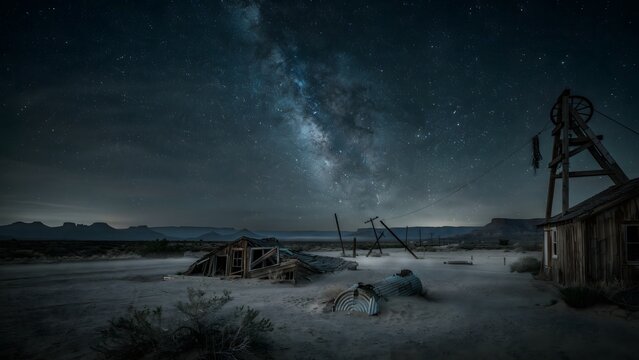 Desert landscape under a starry night sky with remnants of old mining equipment