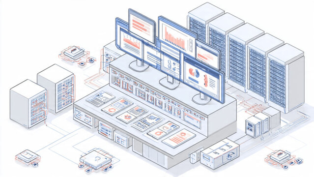 Detailed illustration of a server room with multiple data racks and central processing units in a technical environment