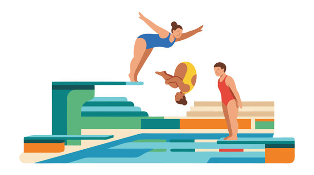 Divers performing acrobatic dives from a high diving board into a swimming pool.