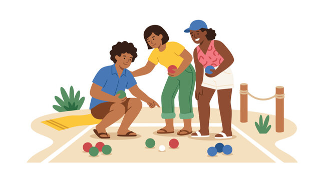 Diverse friends playing bocce ball outdoors on a sunny day.