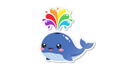Naklejka premium Cute cartoon blue whale spouting rainbow water on white background