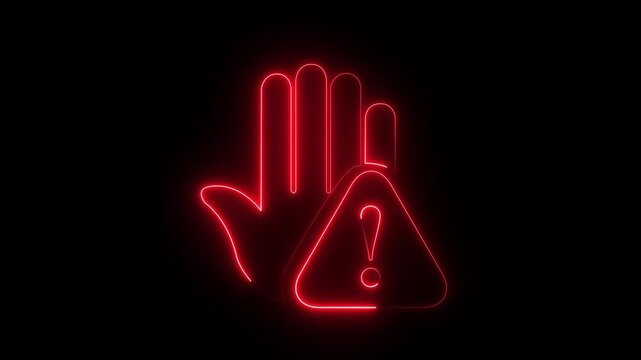 Prohibitory sign Animation with a raised hand with neon tringle icon. Danger warning with hand.