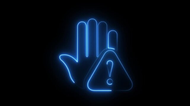 Prohibitory sign Animation with a raised hand with neon tringle icon. Danger warning with hand.
