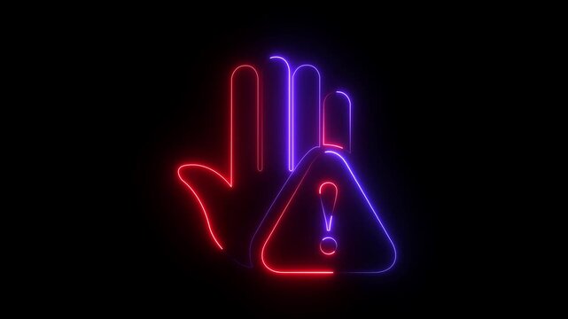 Prohibitory sign Animation with a raised hand with neon tringle icon. Danger warning with hand.