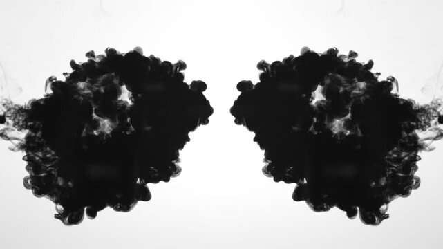 An abstract, slow-motion video showing black ink expanding symmetrically in water against a clean white background. creating beautiful fluid textures and organic, Rorschach-like patterns