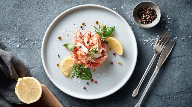A minimal flat lay with a single seafood plate centered but surrounded by wide clean margins for copy