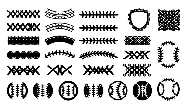 American Football Seam and Lace Icons Collection in Black Silhouette Style