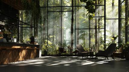 Fototapeta premium Modern interior featuring large glass windows that allow natural light to flood in, surrounded by lush greenery. space includes comfortable seating and stylish bar area, creating warm