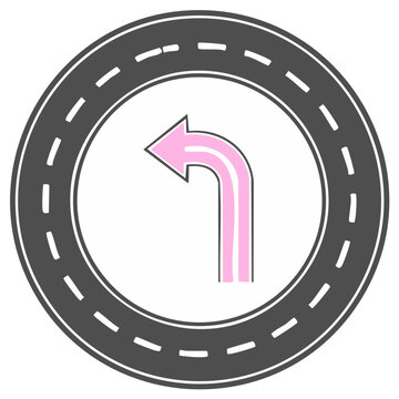 Circular Road with Pink Arrow Indicating a Sharp Left Turn Directional Concept
