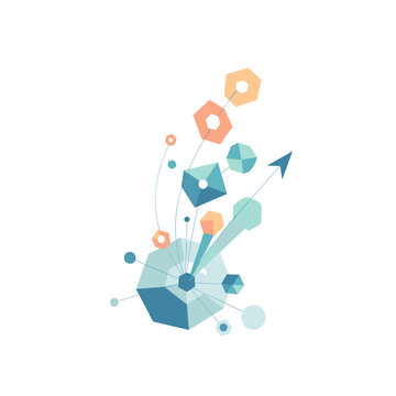 Abstract geometric explosion of polygons and shapes with an upward arrow indicating growth and progress.