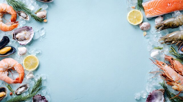 A pastel background with seafood dishes placed along the edges forming a soft frame