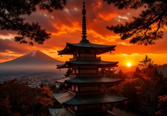 Fototapeta premium Japanese pagoda at sunset with Mount Fuji in the background, framed by pine branches and vibrant orange sky.