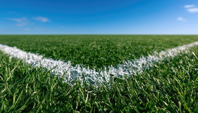 Lush green grass and white lines on a soccer field under a blue sky