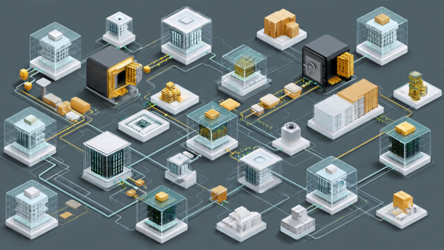 Futuristic Block Chain Network with Digital Data Nodes and Connecting Lines in Isometric Style