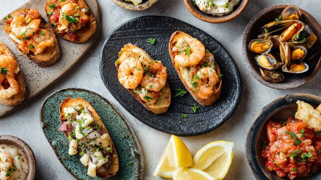 A premium stock-style flat lay of seafood tapas arranged with perfect balance and generous copy space on a neutral background