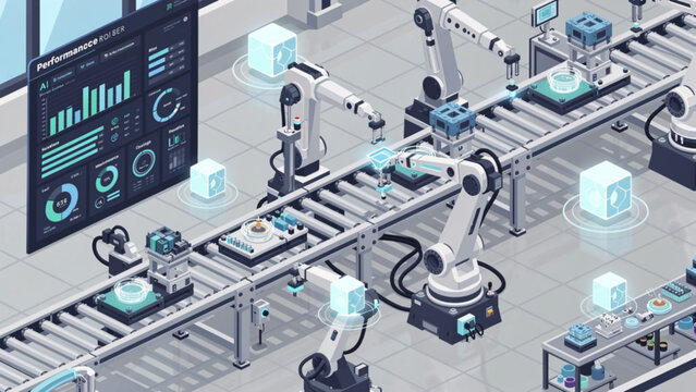 Automated robotic assembly line with robotic arms and digital monitoring in a high-tech manufacturing facility